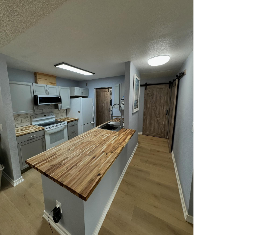 Warm Meets Cool: White Kitchen Remodel with Wood Countertops & Gray Accents