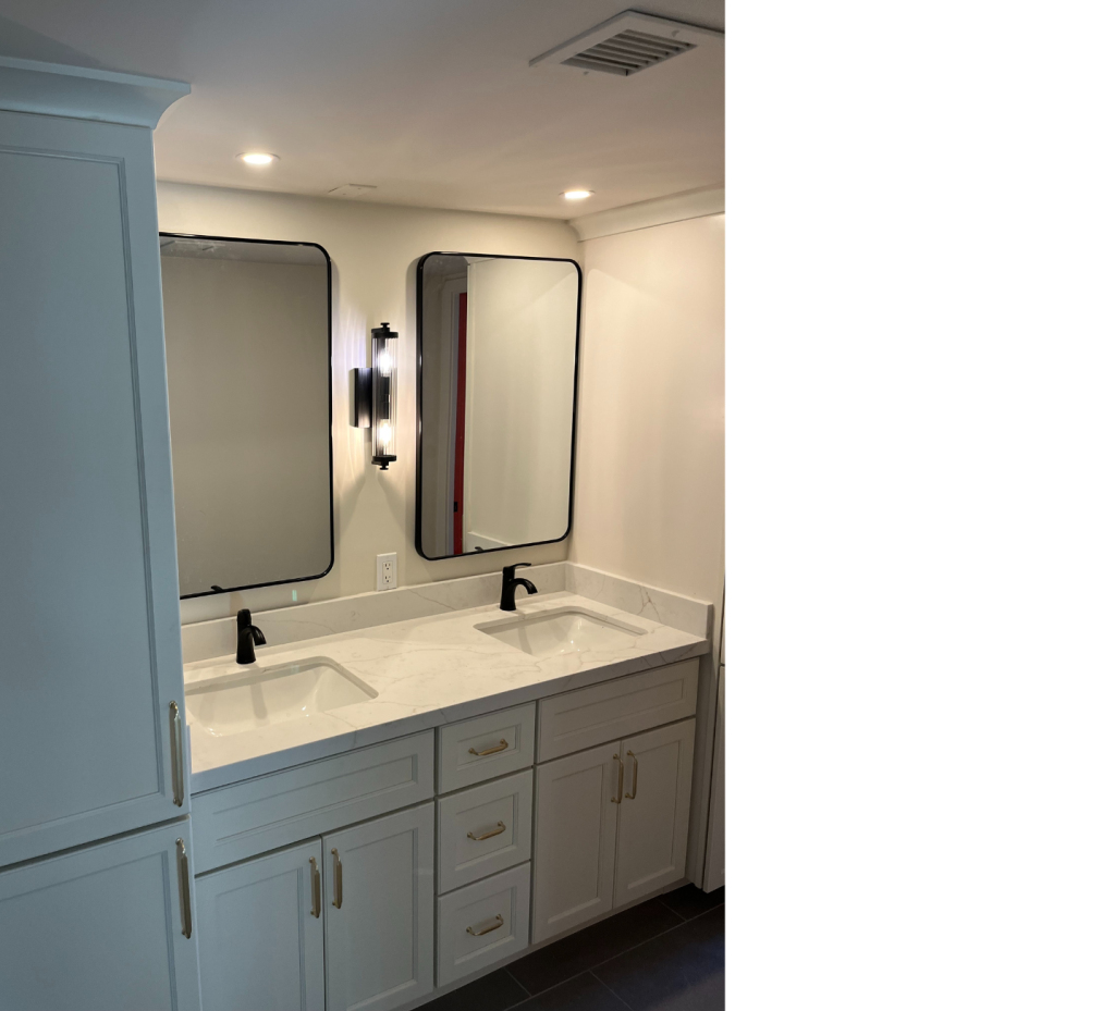 Modern Contrast: White Bathroom Remodel with Black Mirror, Faucet & Lights