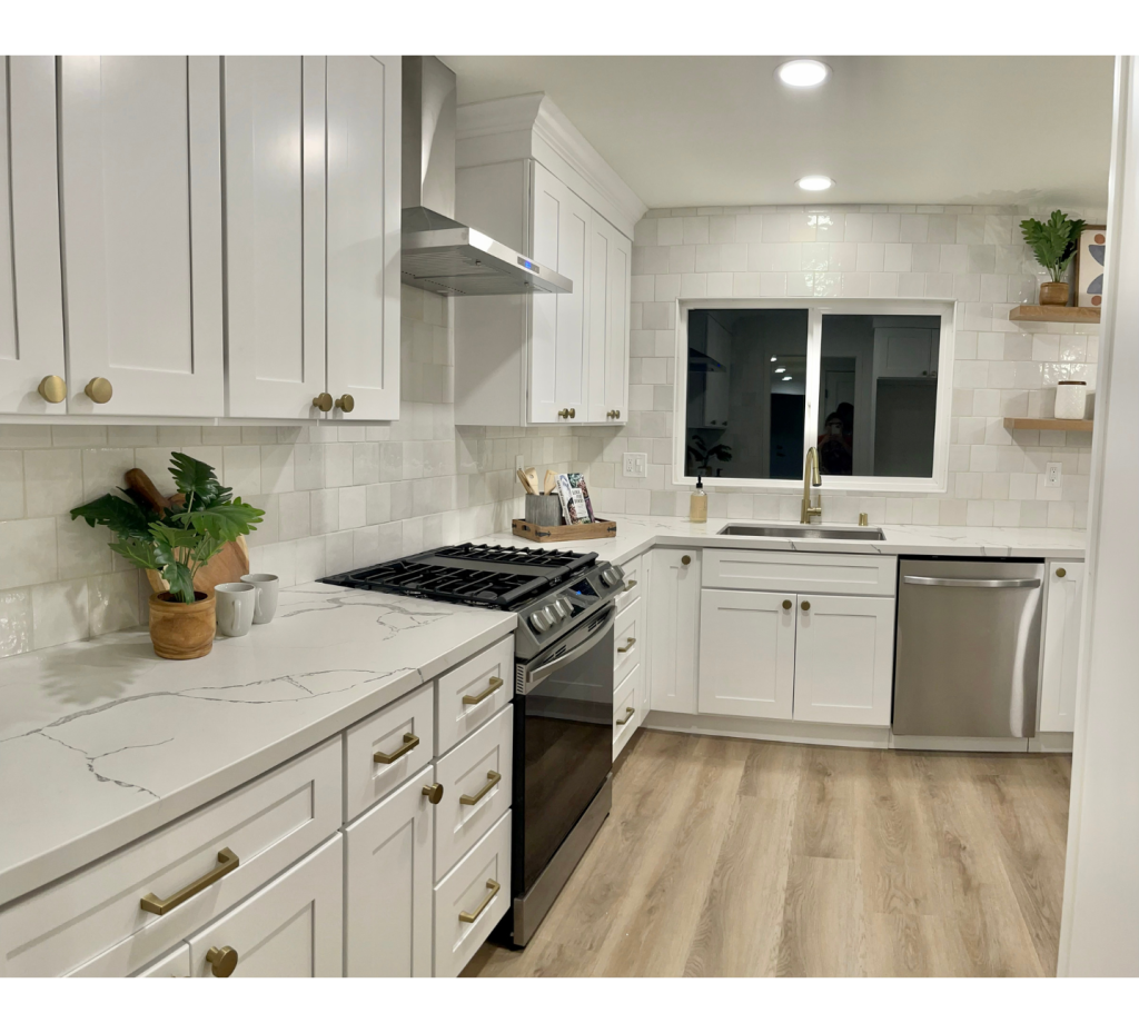 Elegant White Kitchen Glow-Up: Marble Charm Meets Warm Wood & Bronze Accents