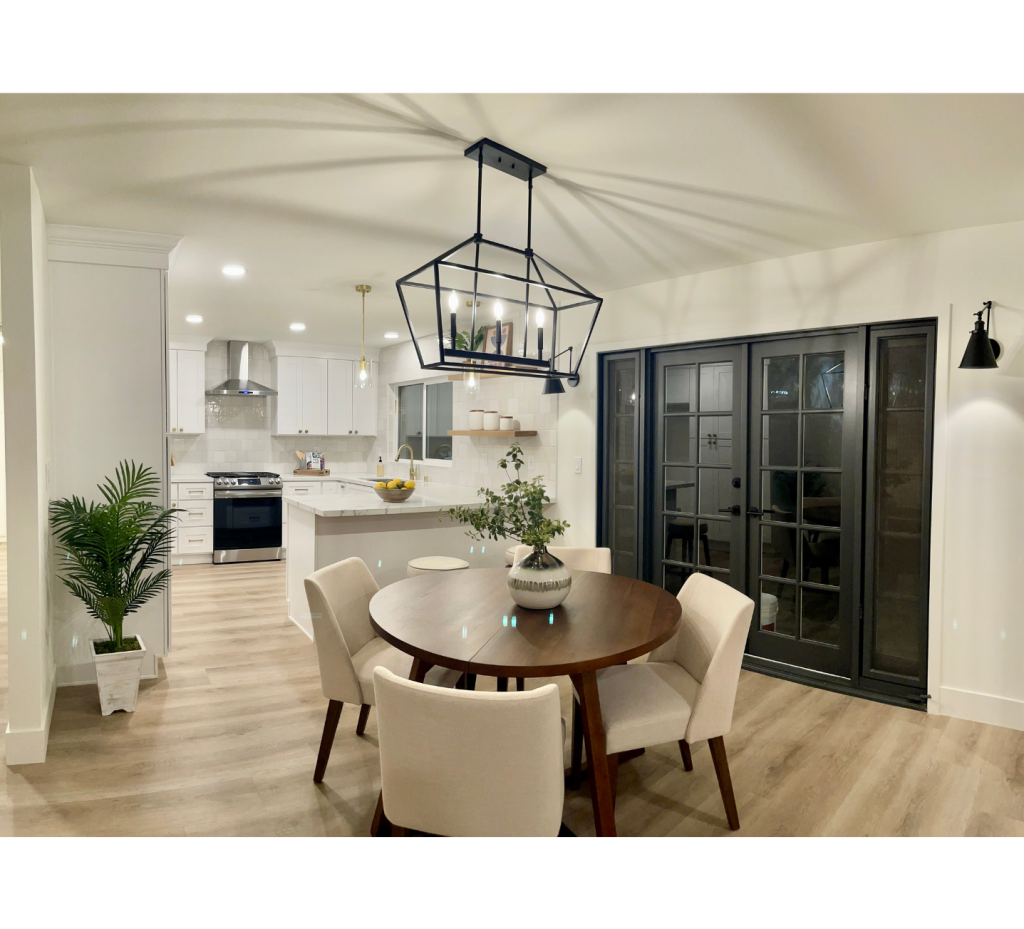 White Kitchen & Dining Remodel: Sleek Meets Warmth with Bold Black Accents