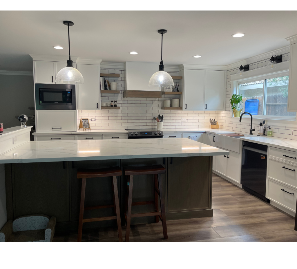 Warm & Modern: White Kitchen Remodel with Wood Flooring and Bold Accents