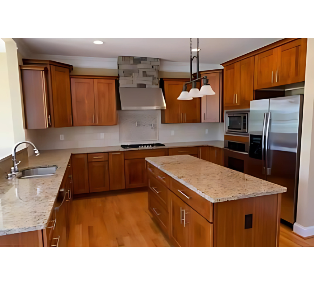 Bright & Inviting: White Kitchen with Warm Wood Cabinets & Flooring