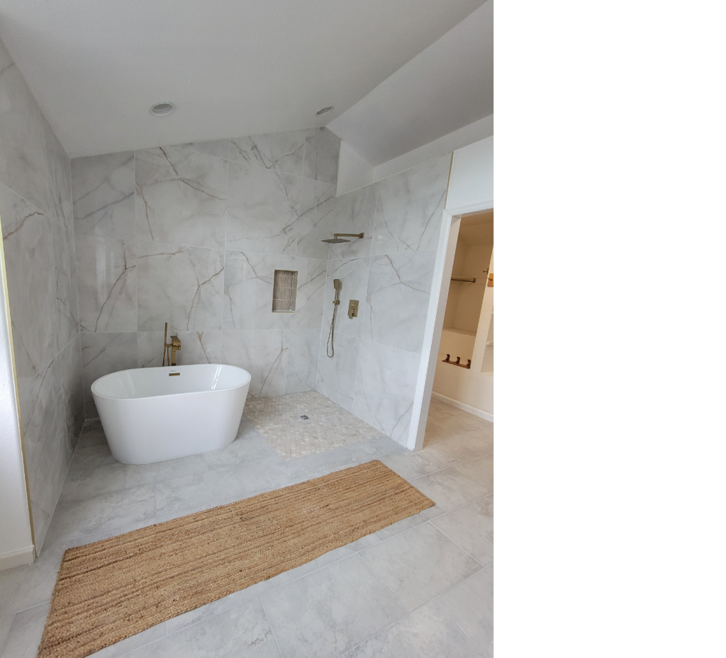 Luxe Retreat: White Bathroom Remodel with Marble Tiles, Gold Accents & Wood Design