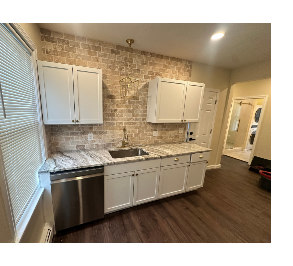Warm Elegance: Kitchen Remodel with Marble Beige Accents & Wood Tones