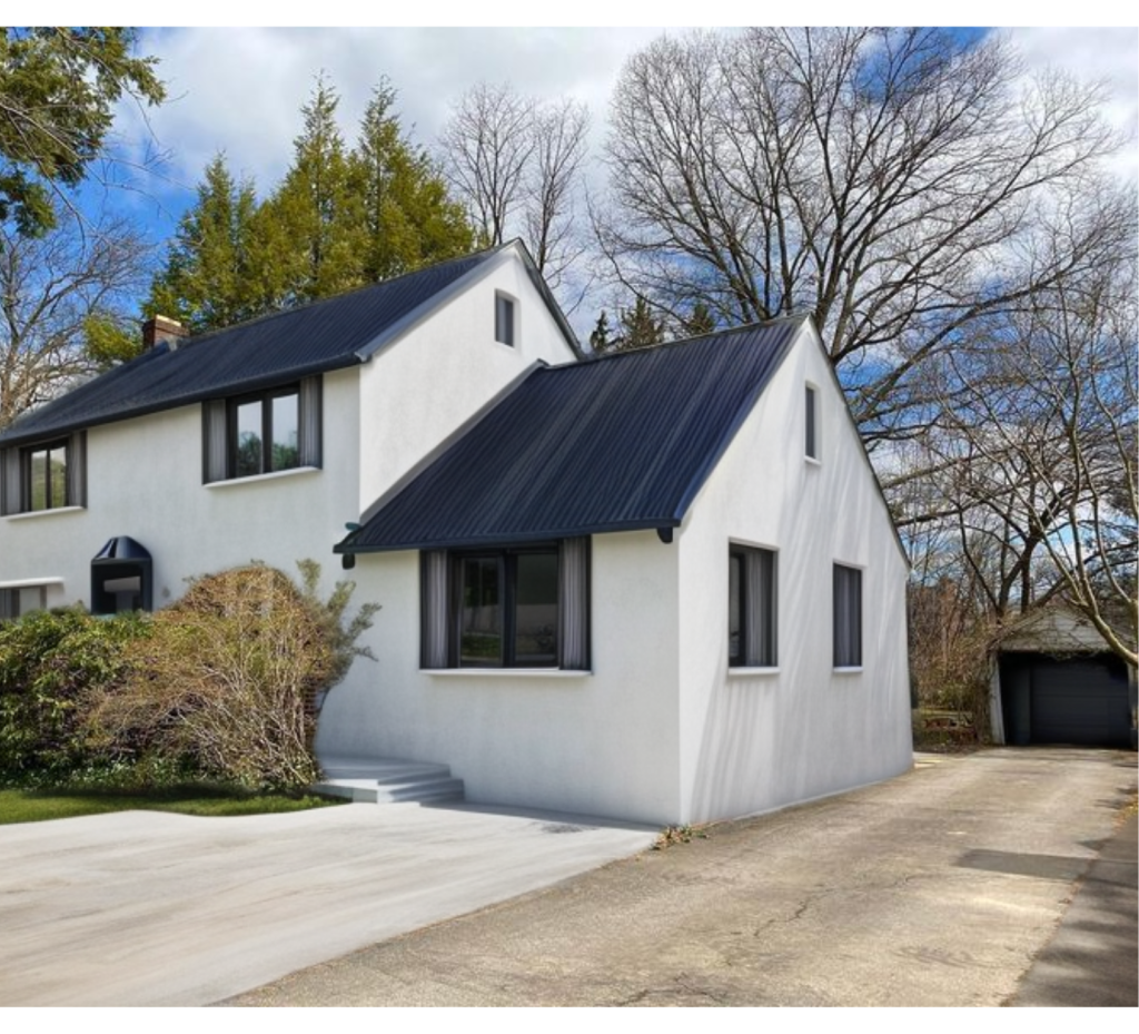 Crisp White Exterior: Dark Blue Roof & Bold Black Windows