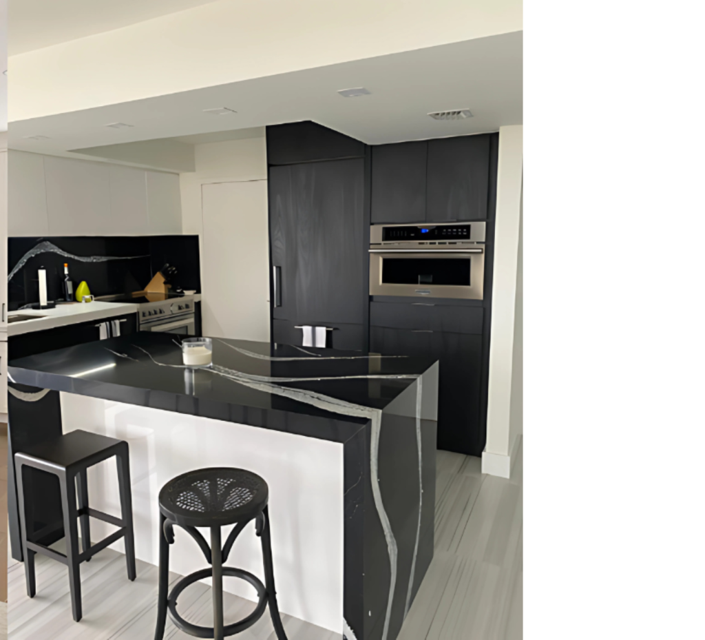Modern Kitchen Vibes: Black Cabinets, Marble Countertops & White Walls