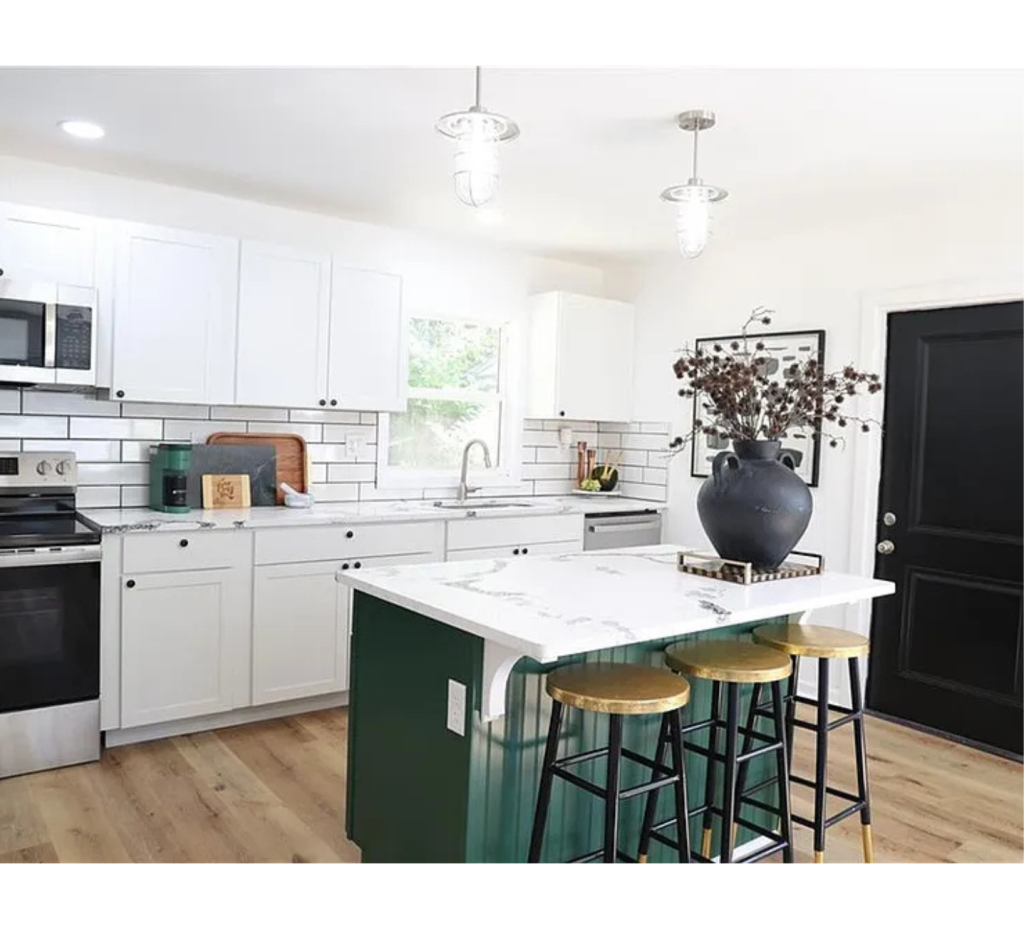 Bold Meets Bright: Army Green Center Island & Sleek White Cabinets with Marble Charm