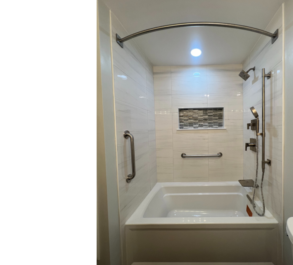 Sophisticated Serenity: Marble-Splash Walls, Square Tub & Sleek Silver Hardware