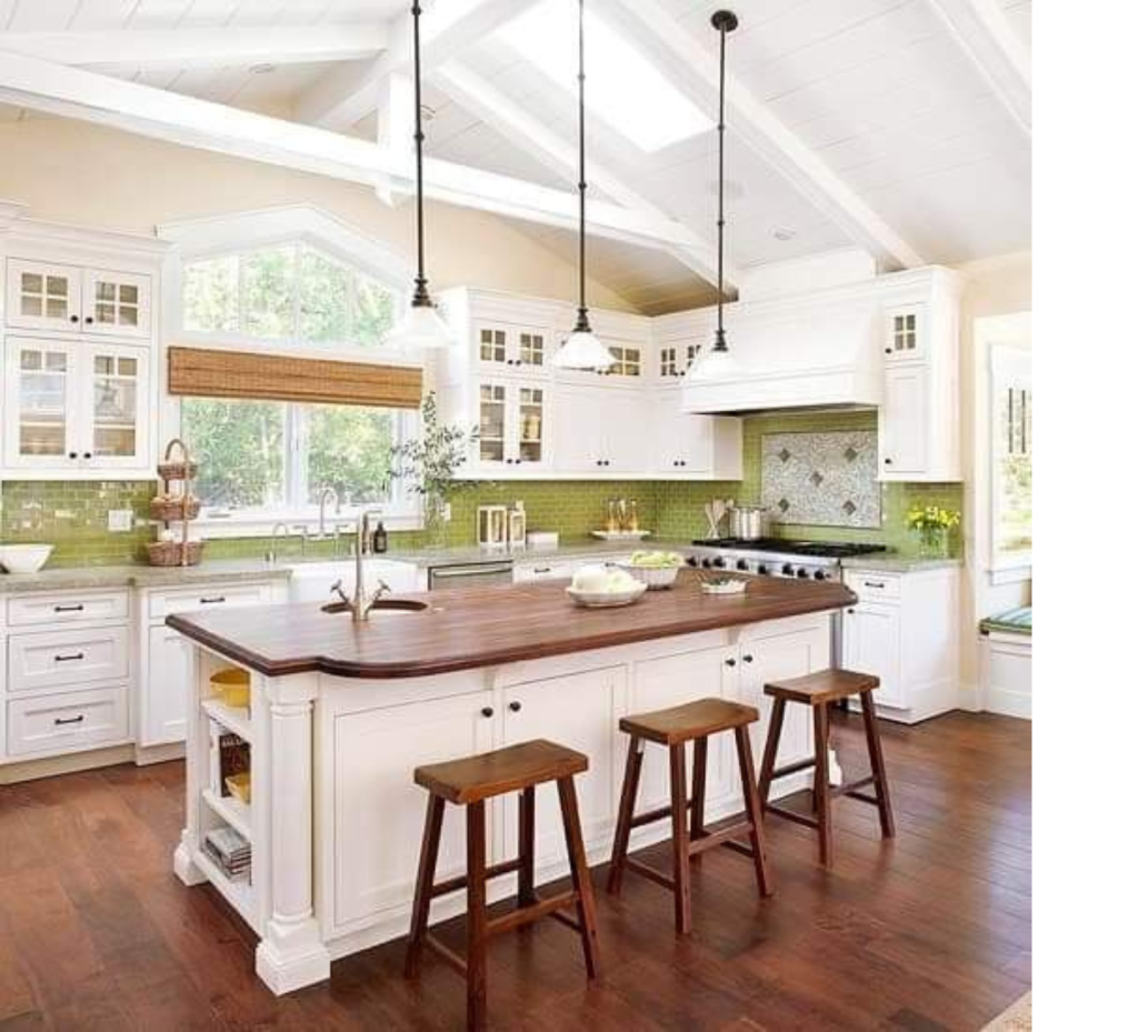 Fresh & Stylish: White Cabinets, Wood Countertops, and a Pop of Apple Green