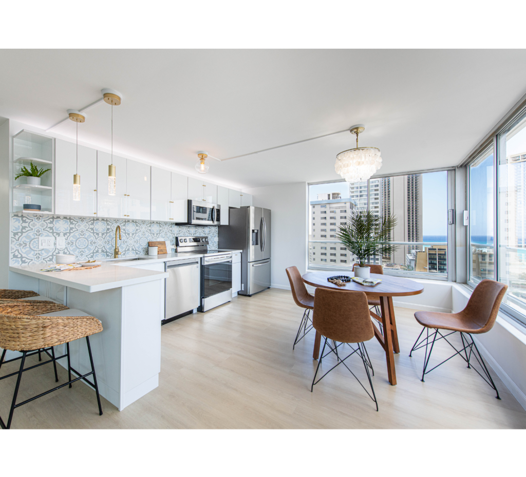 Bright & Elegant: White Cabinets, Gold Hardware, Black-Silver Appliances & Stunning Views