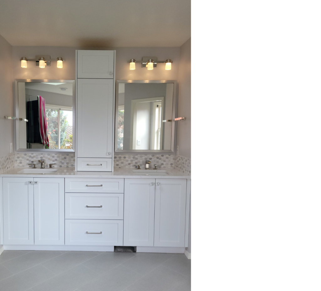 Crisp & Polished: Dual Sinks, Sleek Mirrors, and White Cabinetry with Silver Hardware for a Fresh, Modern Bathroom