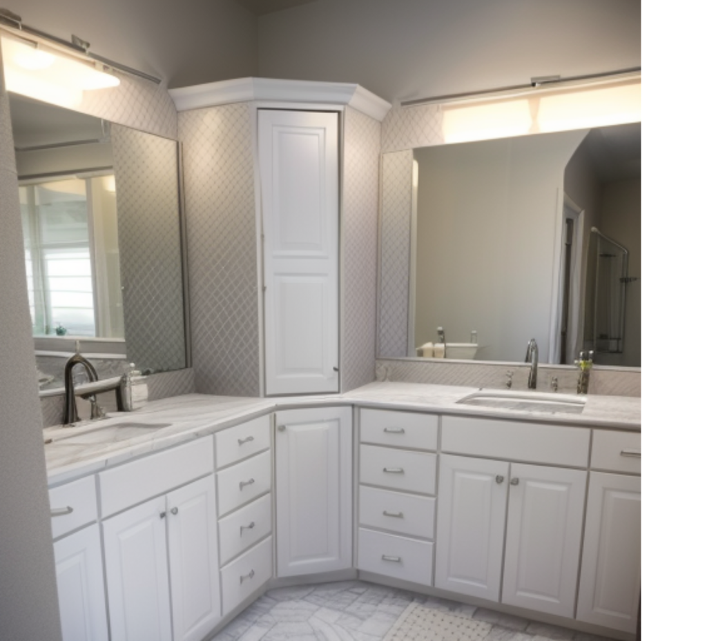 Stylish Functionality: Dual Sink Setup, Textured Beige Walls & Matching Mirrors in a Balanced Bathroom Design