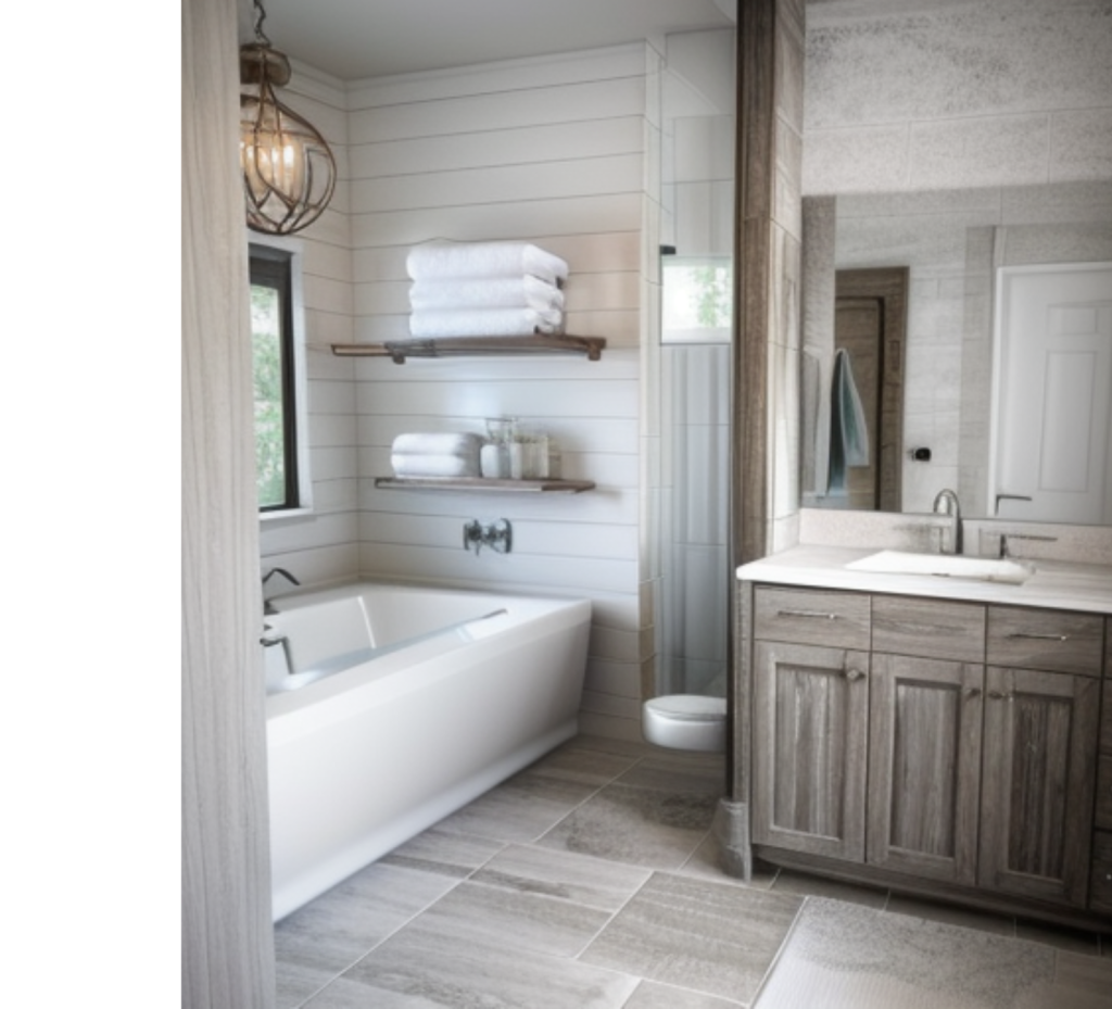 Natural Warmth: Beige Wood Cabinets & Floors with Classic White Paneling for a Serene Bathroom Retreat