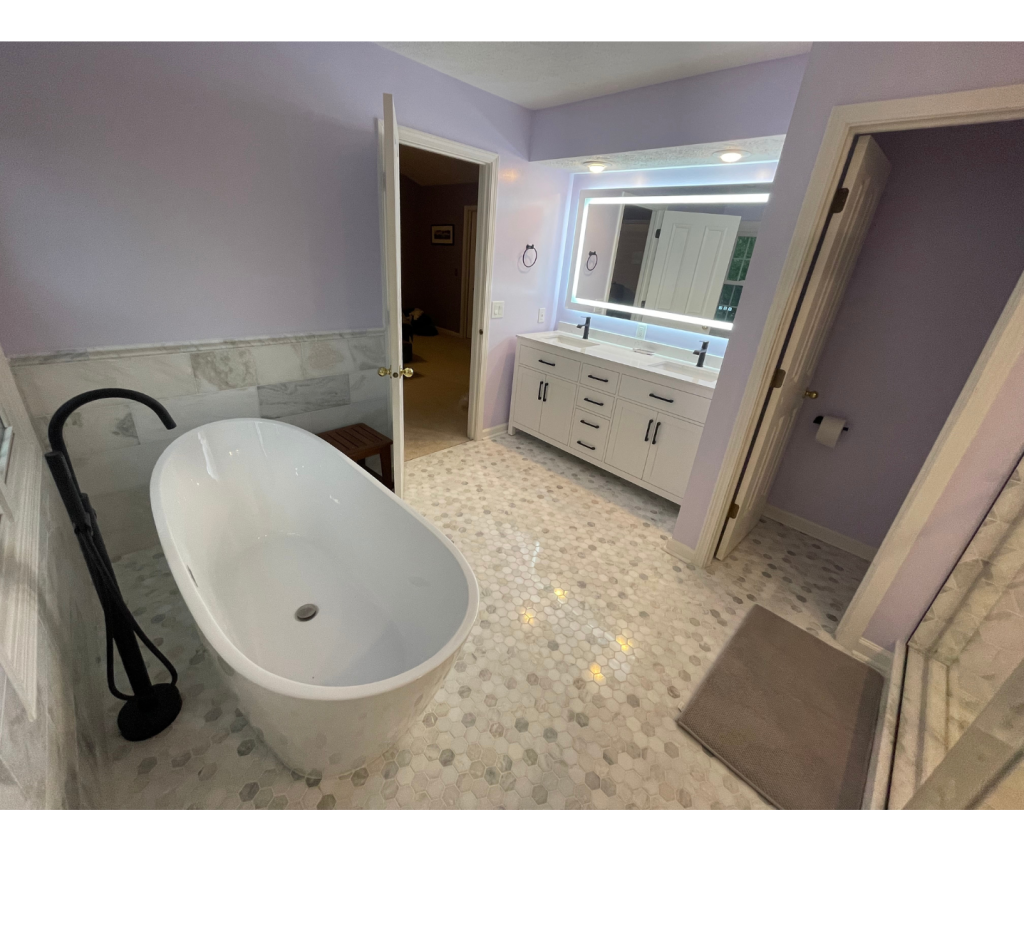 Elegant Lavender Bathroom with Freestanding Tub & LED Mirror