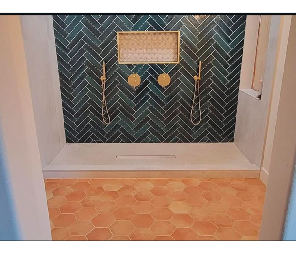 Jewel Tone Herringbone & Warm Hexagons: An Artful Shower
