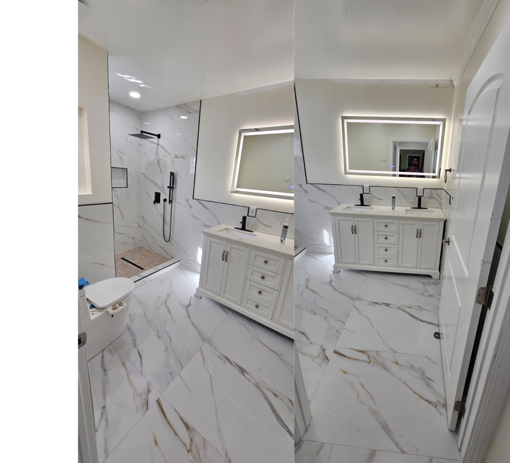 Sleek Marble & Modern Lighting: A Luxurious Bathroom Suite