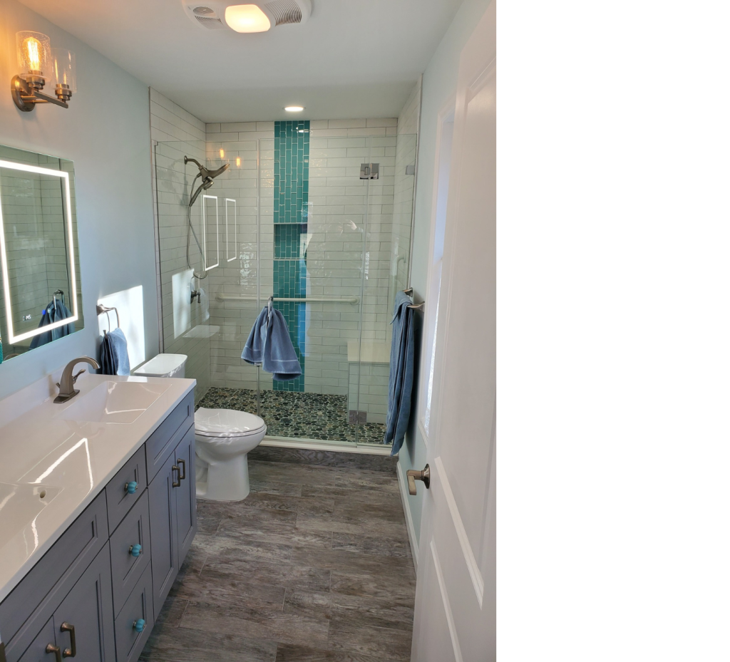 Serene Blues & Stone Accents: A Tranquil Bathroom Escape
