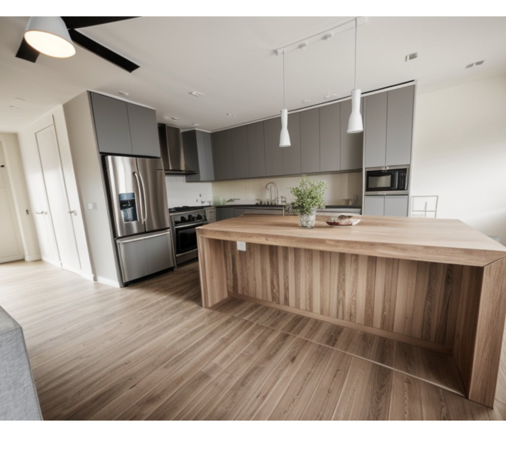 Warm Wood Island & Sleek Grey Cabinets: A Modern Kitchen Mix