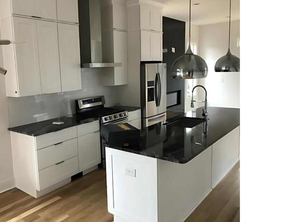 Sleek Contrast: Dark Granite & White Cabinet Kitchen