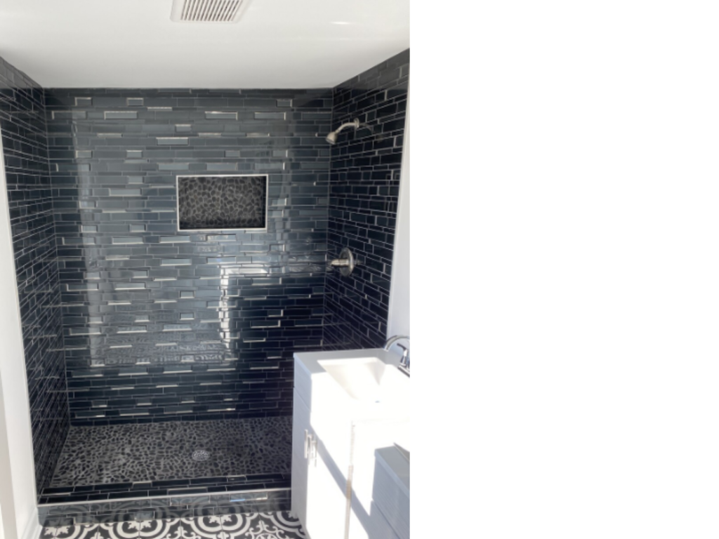 Moody Modern Shower: Dark Tile & Patterned Floor
