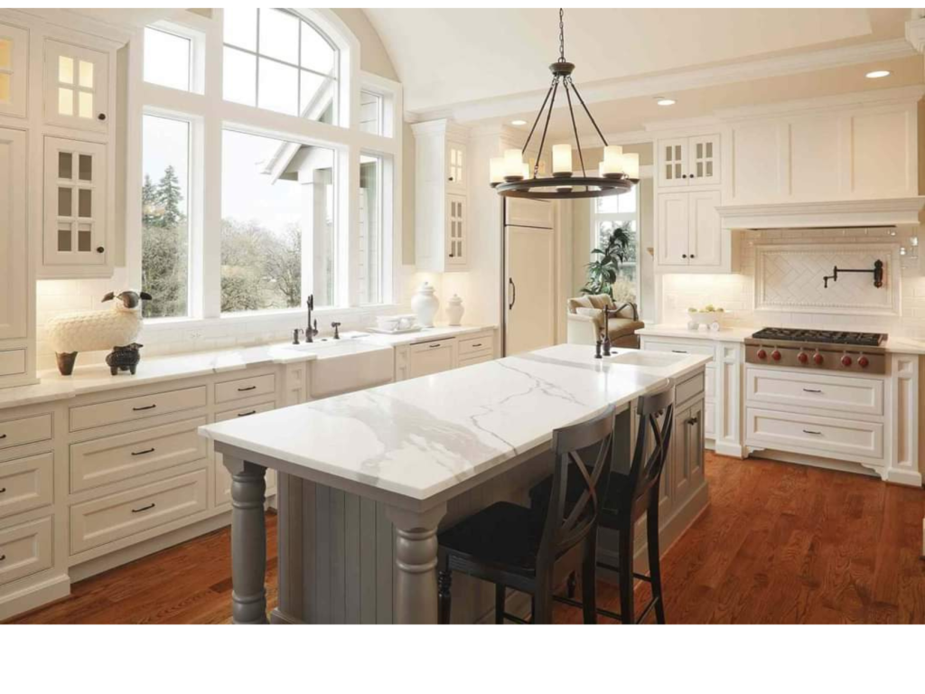 Elegant White Kitchen: Stunning Calacatta Quartz Island