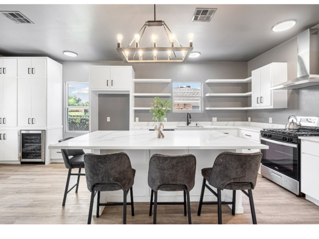 Bright Modern Gathering: White Kitchen with Island Seating