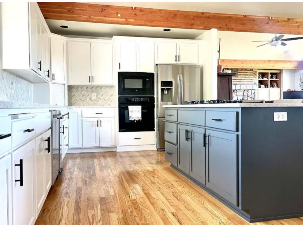 Two-Tone Kitchen Charm: White & Grey with Wood Beam