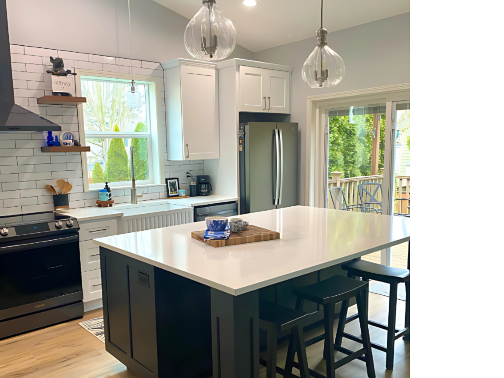 Bright Kitchen Contrast: White Cabinets, Dark Island
