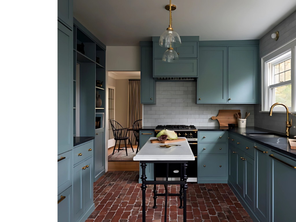 Rustic Charm: Teal Cabinets & Brick Floor Kitchen