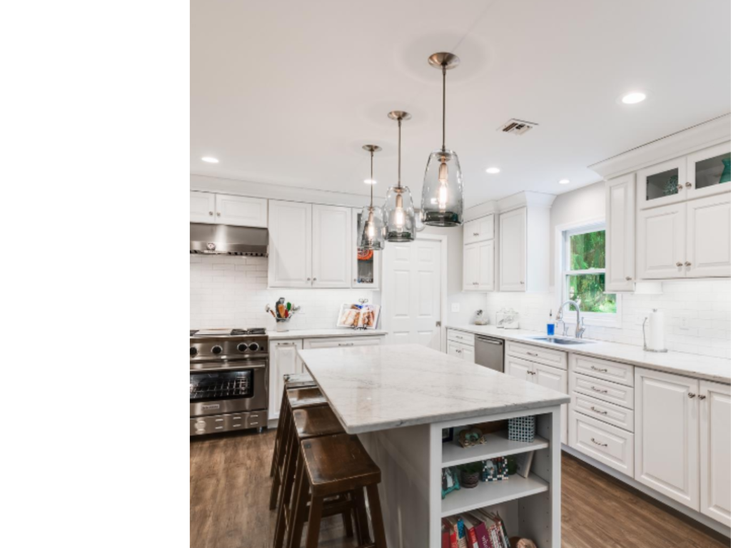 Bright White Kitchen: Elegant Marble-Look Island