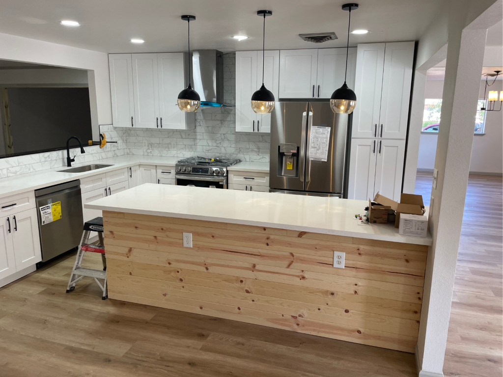 Modern Farmhouse Kitchen: Wood Island & Bright Whites