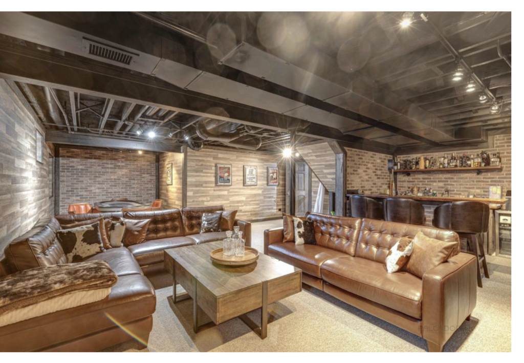 Rustic Industrial: Basement with Brick & Exposed Ceiling